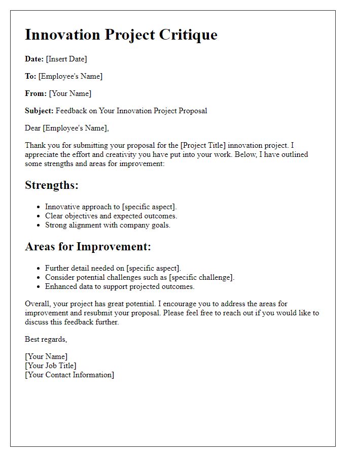 Letter template of employee innovation project critique