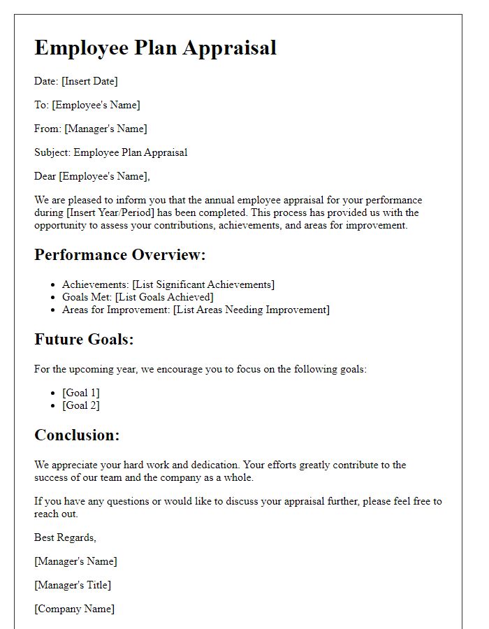 Letter template of employee plan appraisal