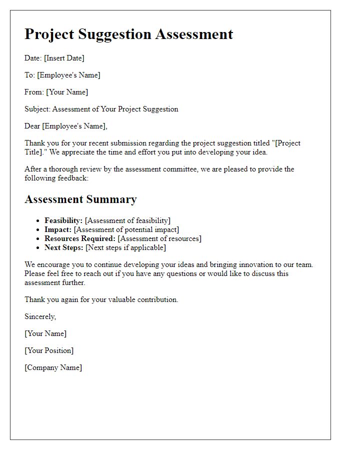 Letter template of employee project suggestion assessment