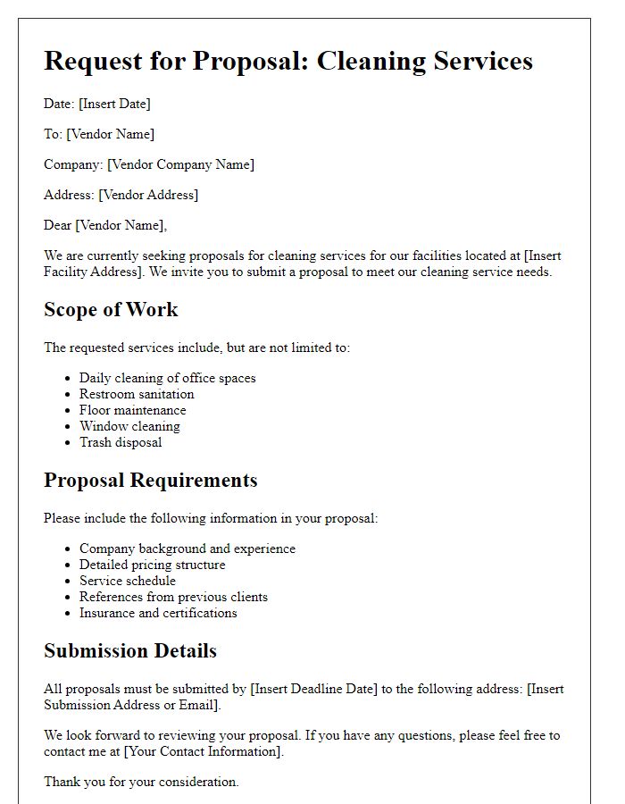 Letter template of vendor proposal request for cleaning services