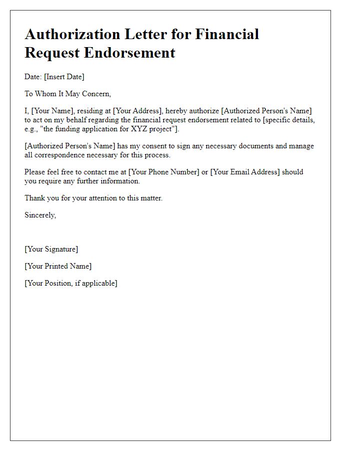 Letter template of authorization for financial request endorsement