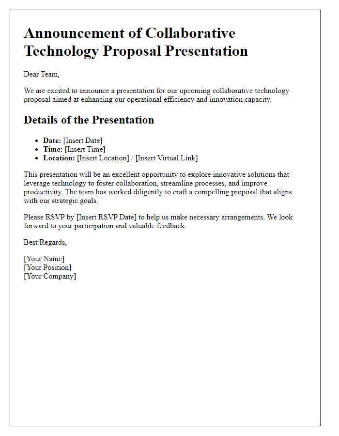 Letter template of a collaborative technology proposal presentation announcement