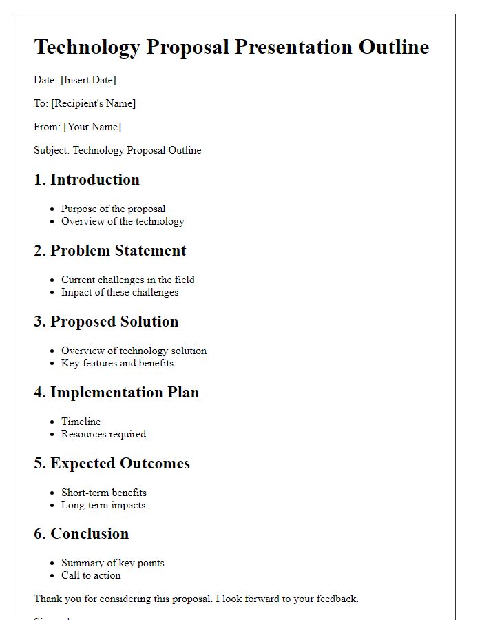 Letter template of a concise technology proposal presentation outline