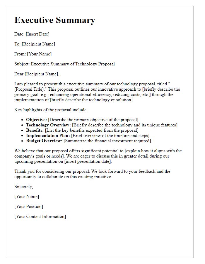 Letter template of an executive summary for a technology proposal presentation