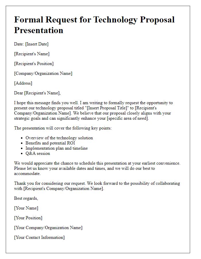 Letter template of a formal technology proposal presentation request