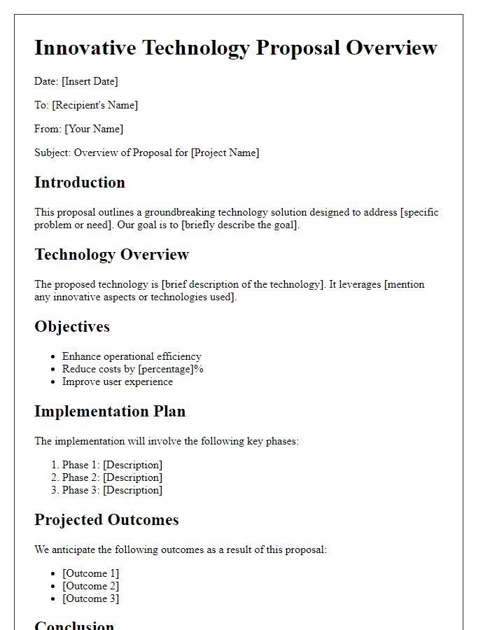 Letter template of an innovative technology proposal presentation overview