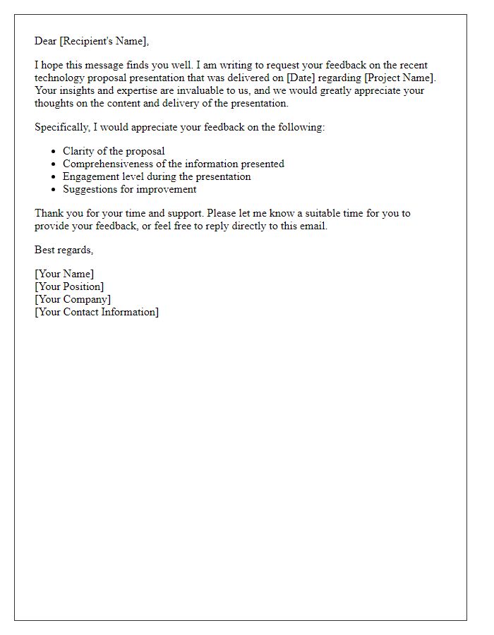 Letter template of a technology proposal presentation feedback request