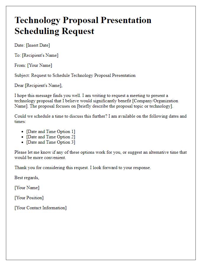 Letter template of a technology proposal presentation scheduling request