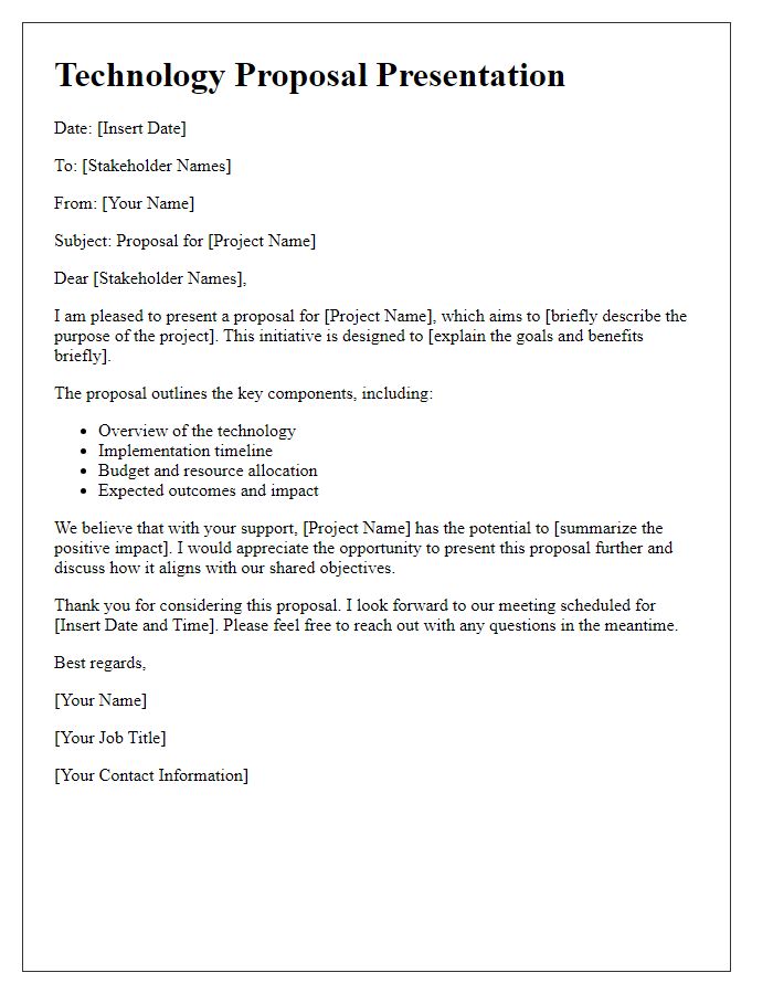 Letter template of a technology proposal presentation for stakeholders