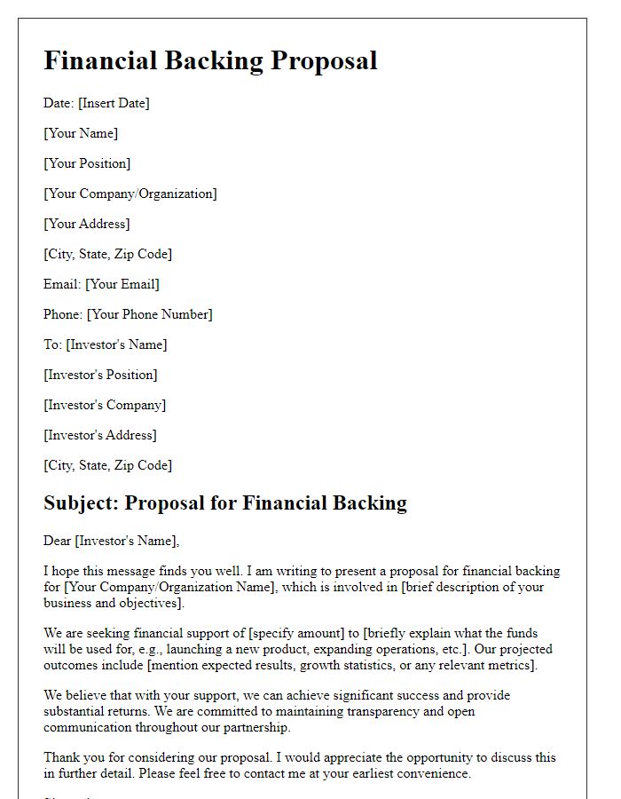 Letter template of financial backing proposal