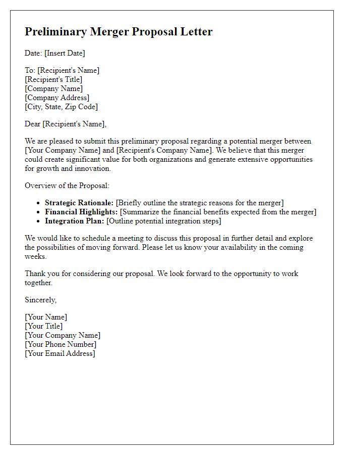 Letter template of preliminary merger proposal