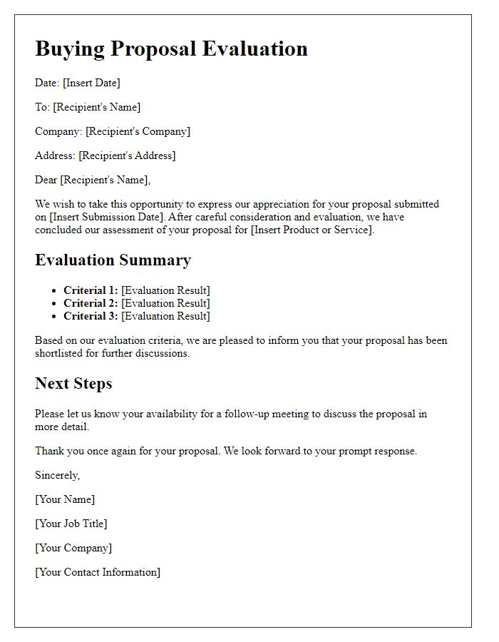 Letter template of buying proposal evaluation