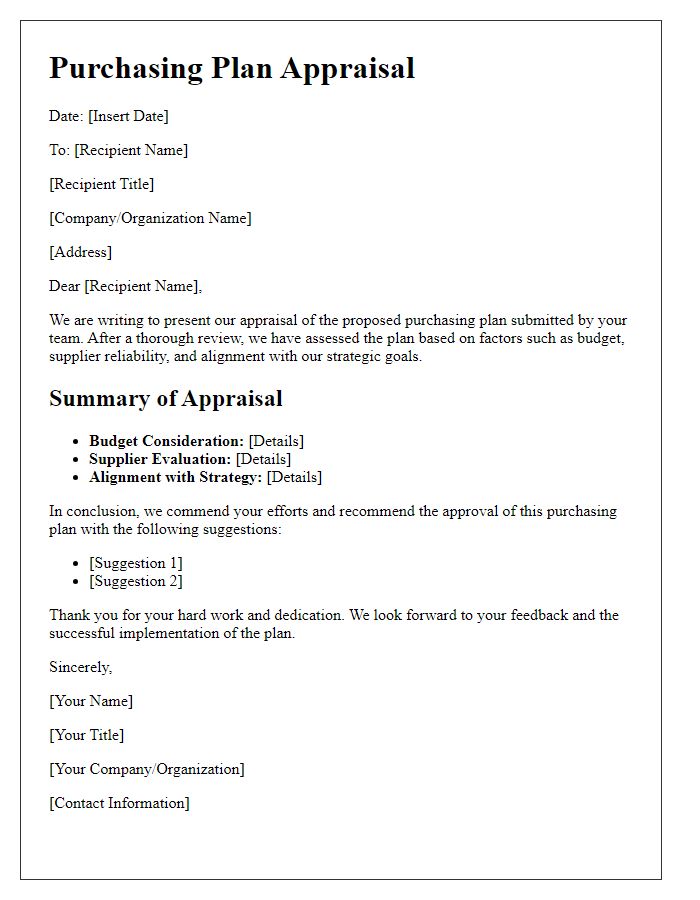 Letter template of purchasing plan appraisal