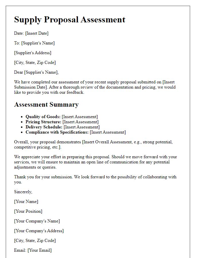 Letter template of supply proposal assessment