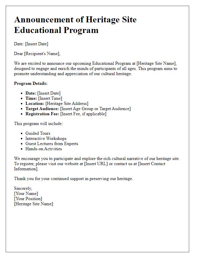 Letter template of Heritage Site Educational Program Announcement