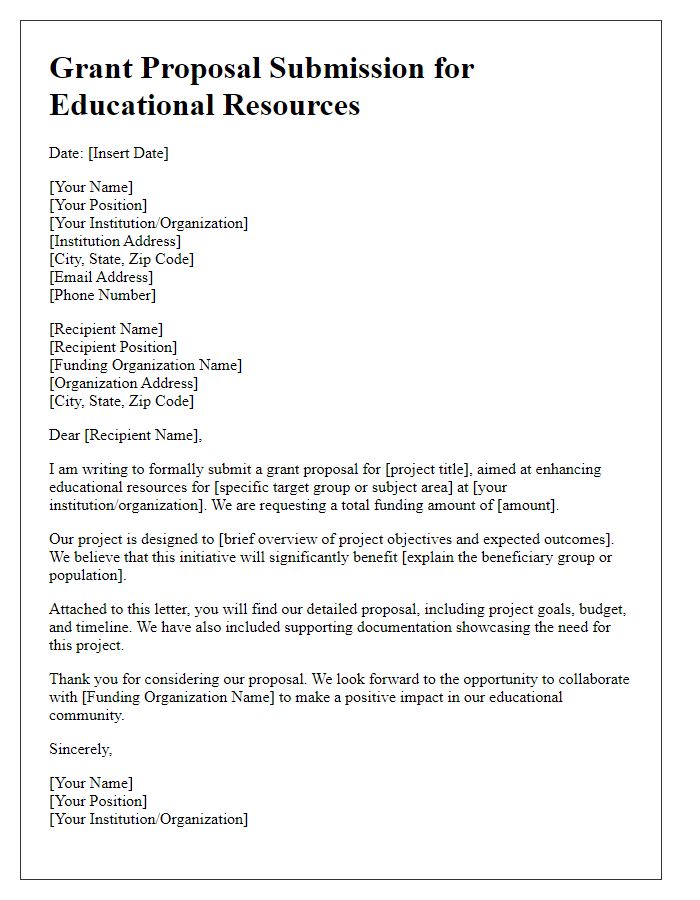 Letter template of educational resources grant proposal submission