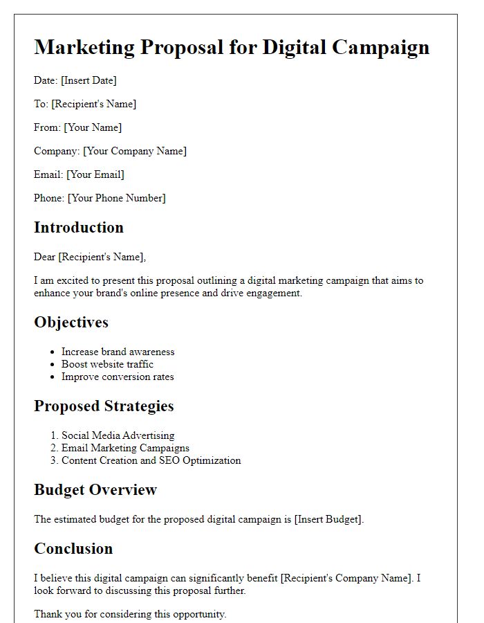 Letter template of marketing proposal for digital campaign