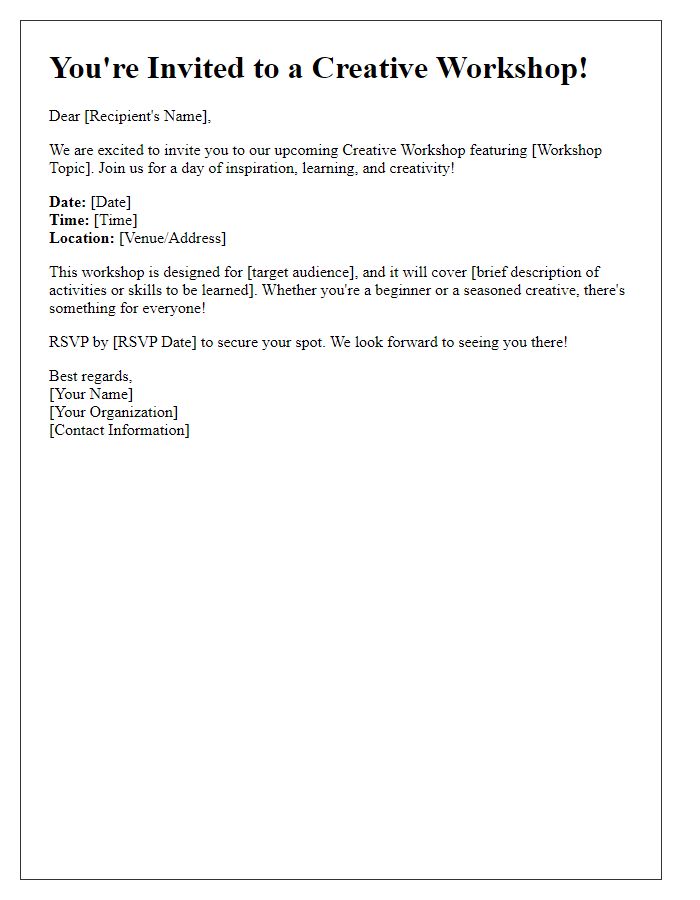 Letter template of a creative workshop invitation.