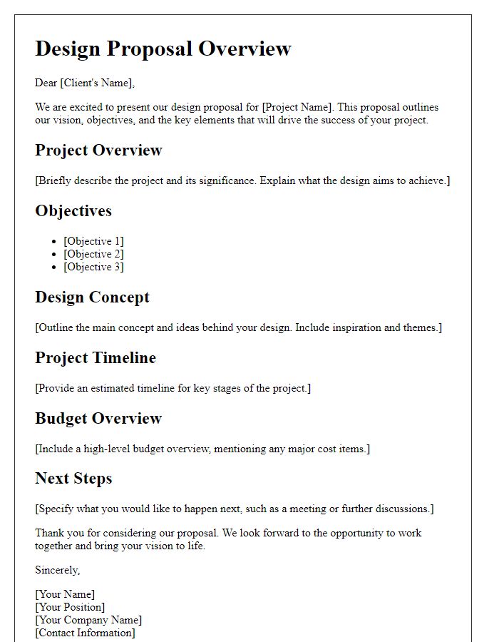 Letter template of a design proposal overview.