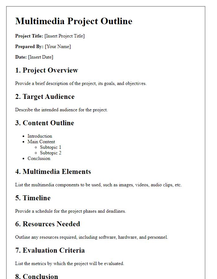 Letter template of a multimedia project outline.