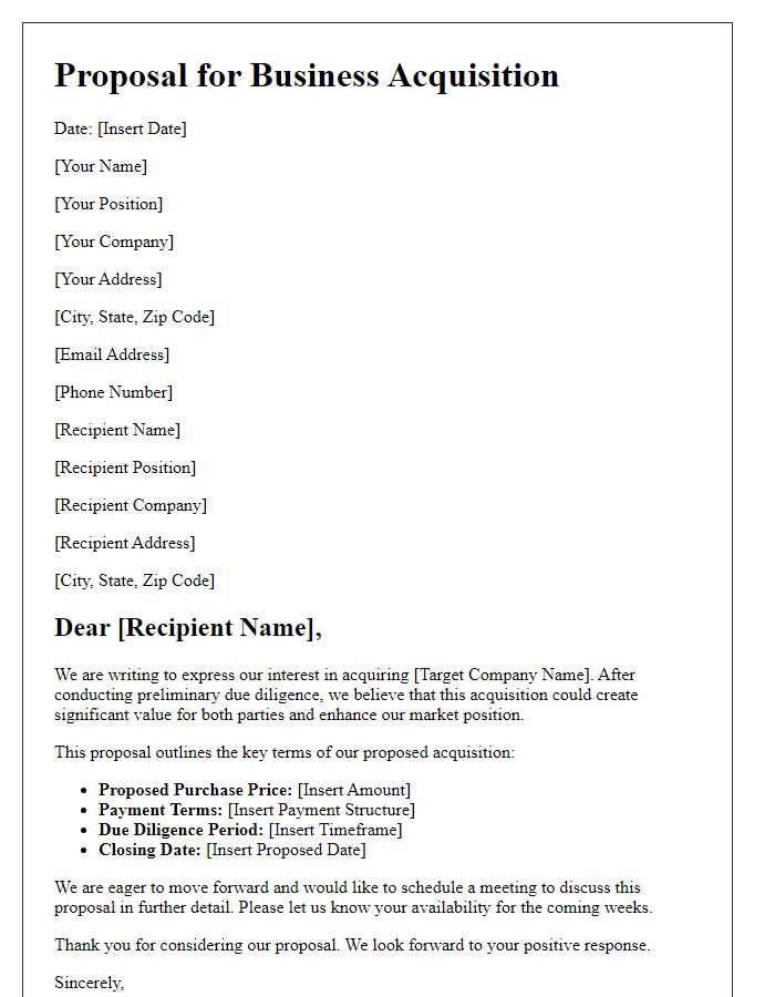 Letter template of legal proposal for business acquisition.