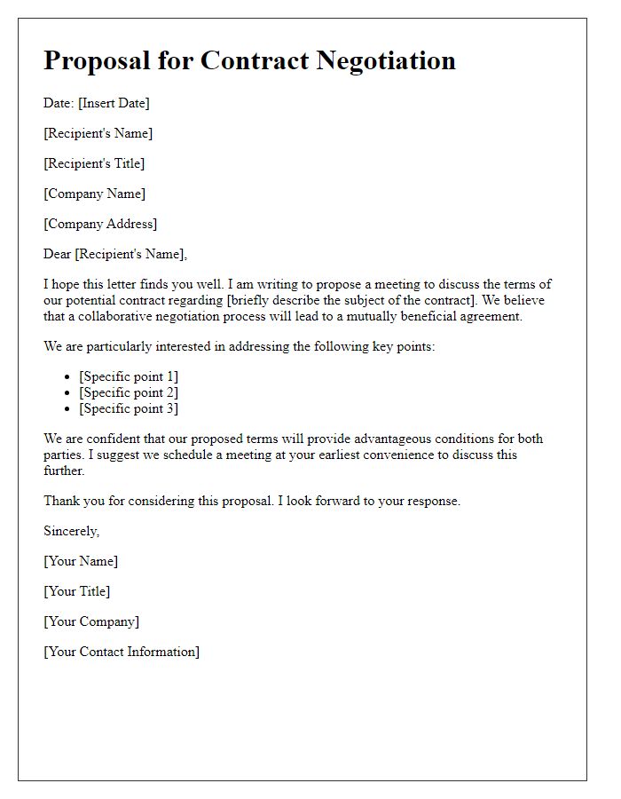 Letter template of legal proposal for contract negotiation.