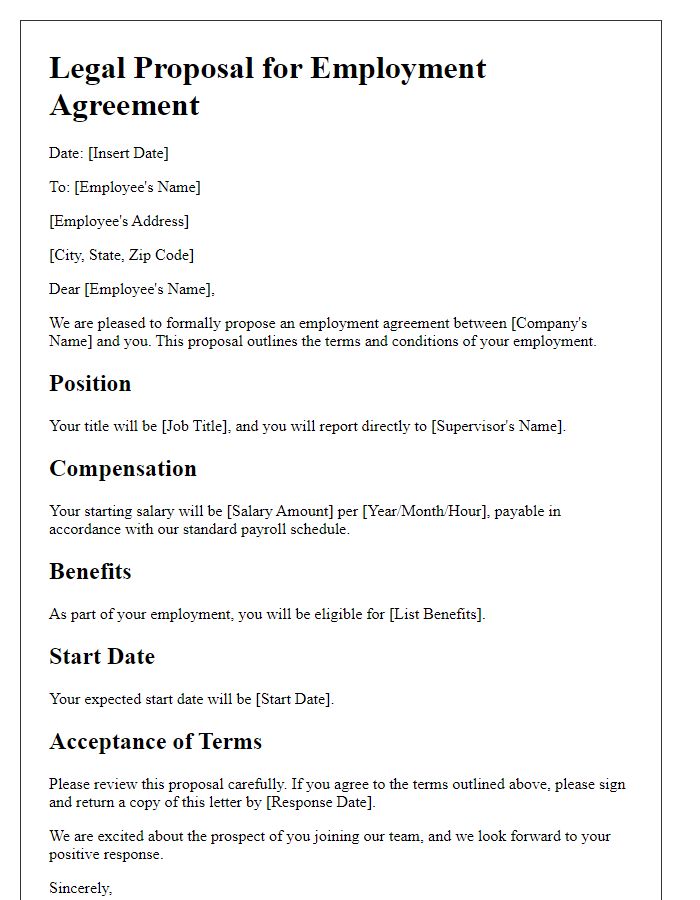 Letter template of legal proposal for employment agreement.