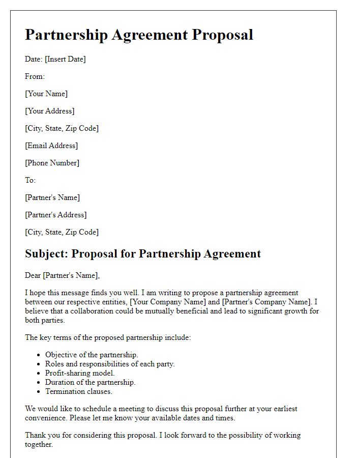 Letter template of legal proposal for partnership agreement.