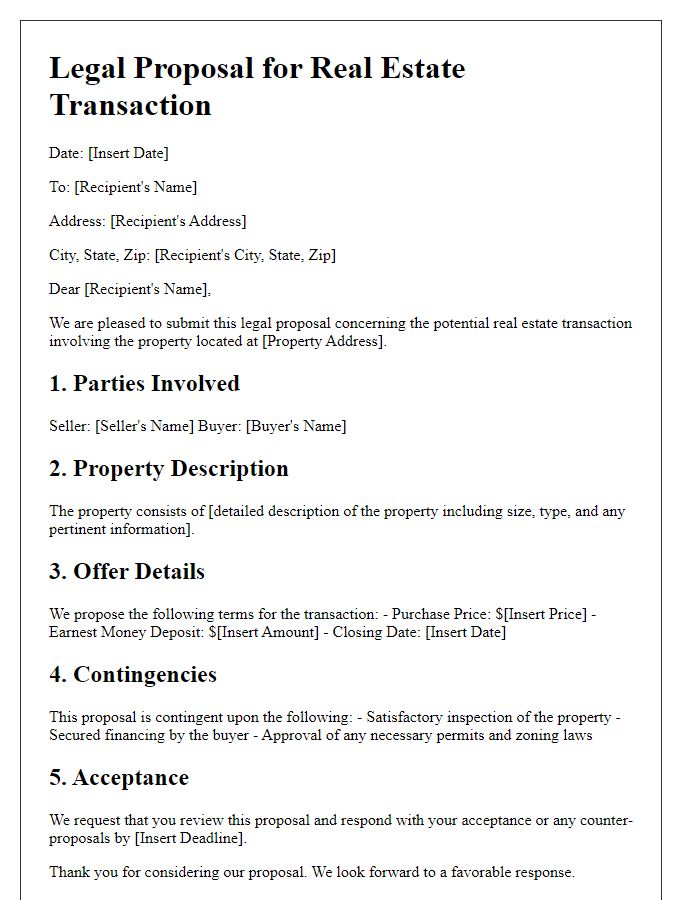 Letter template of legal proposal for real estate transaction.