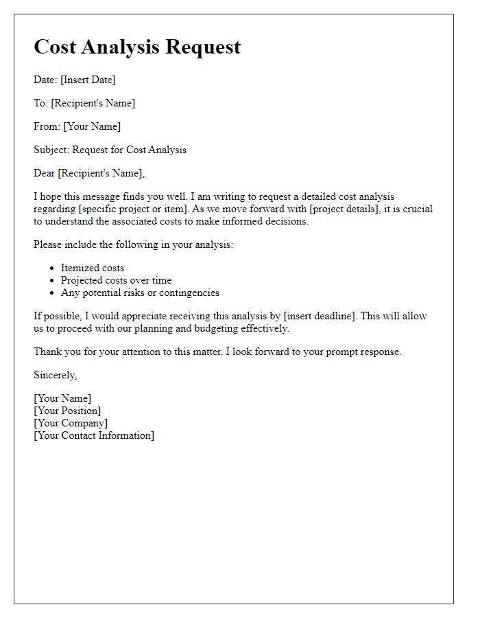 Letter template of cost analysis request