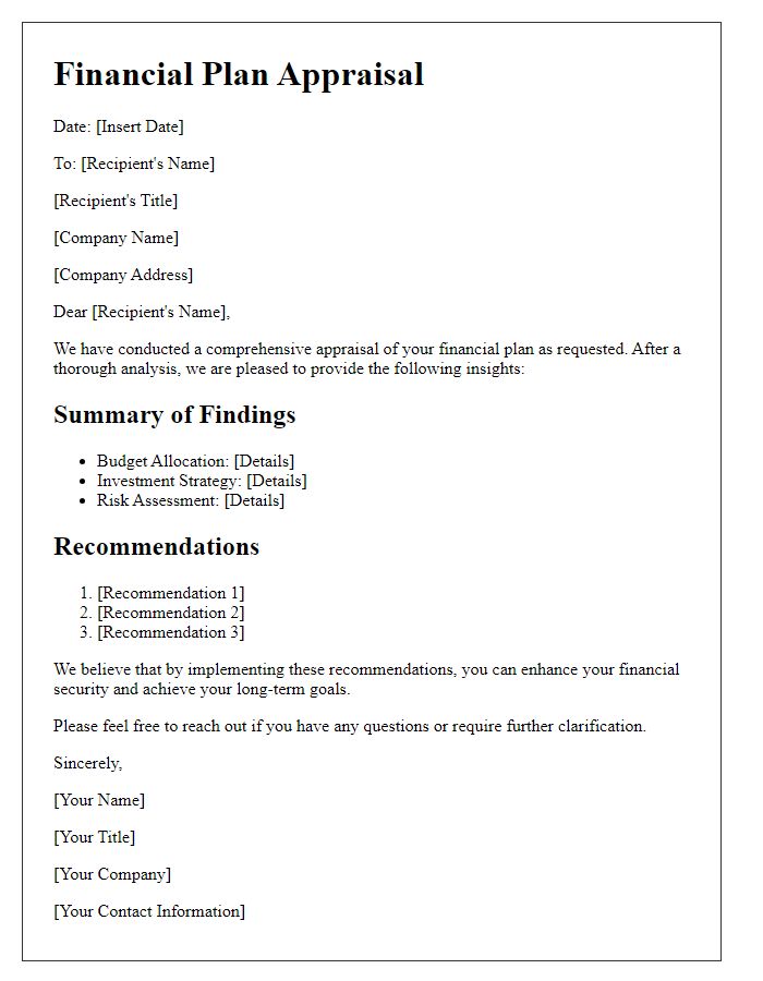 Letter template of financial plan appraisal