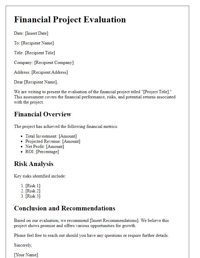 Letter template of financial project evaluation