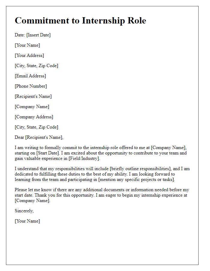 Letter template of commitment to internship role