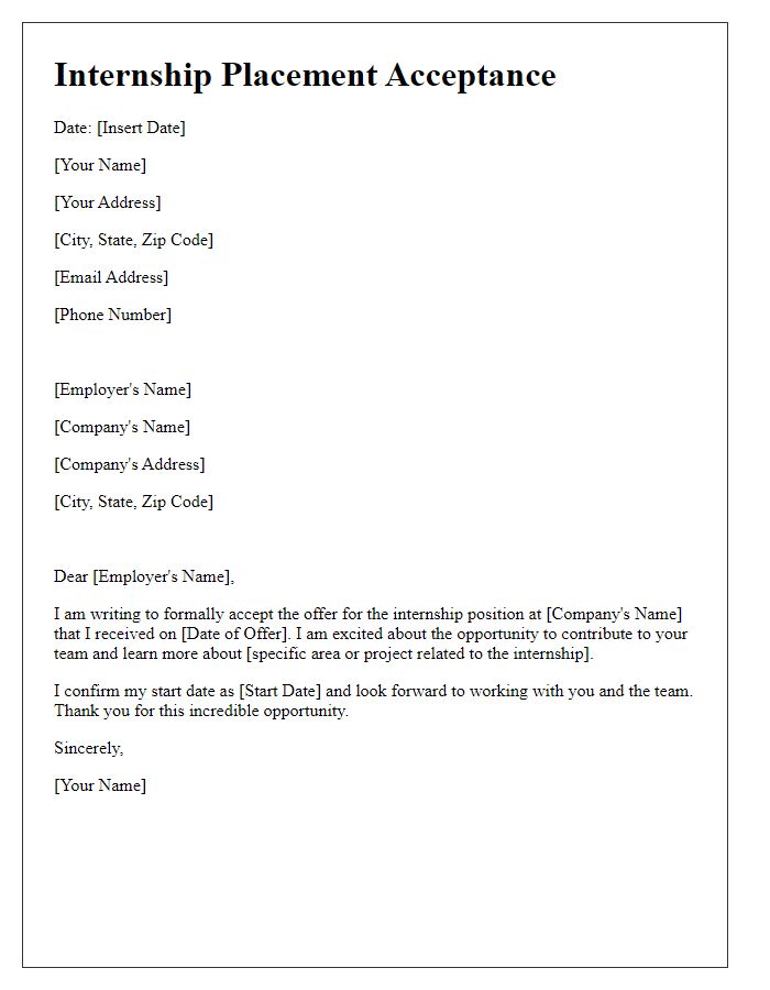 Letter template of internship placement acceptance