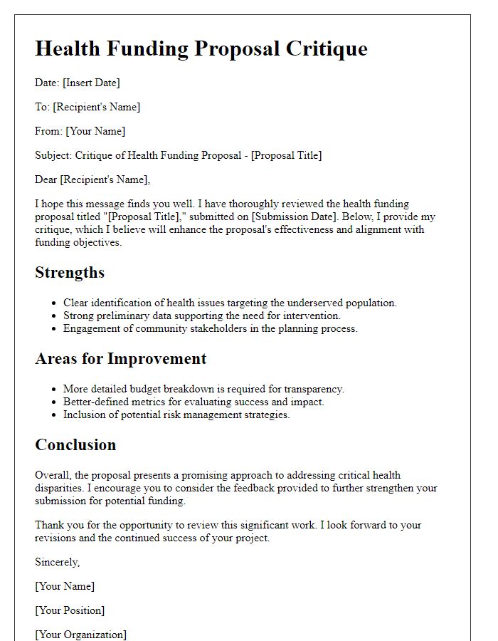 Letter template of health funding proposal critique