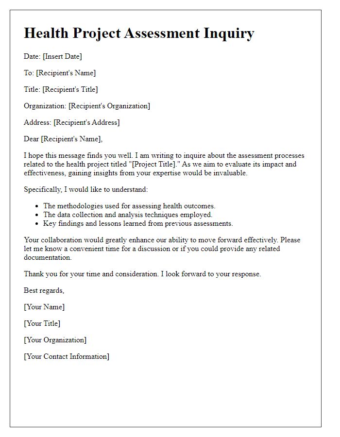 Letter template of health project assessment inquiry