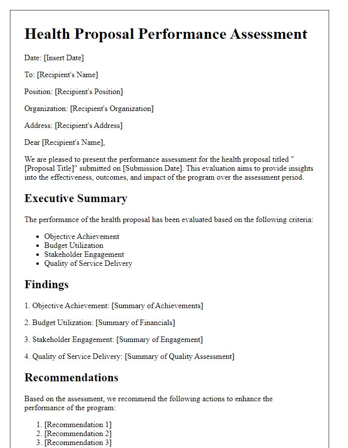 Letter template of health proposal performance assessment