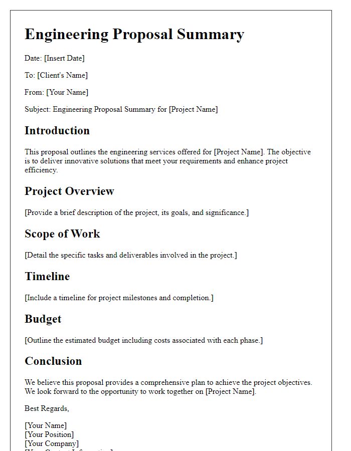 Letter template of engineering proposal summary