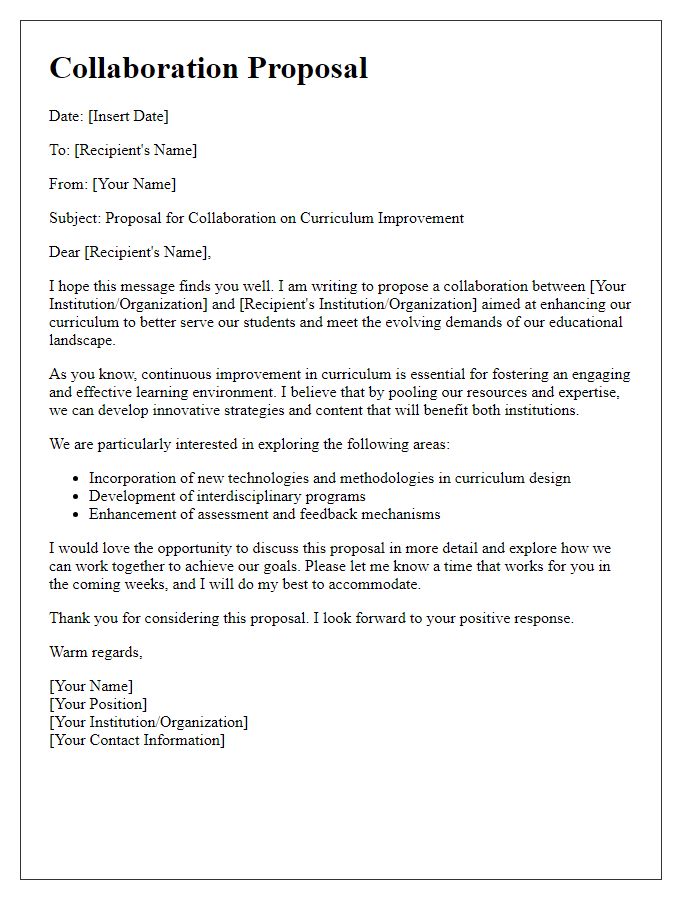 Letter template of collaboration proposal for curriculum improvement