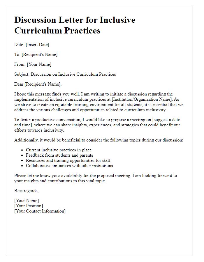 Letter template of discussion for inclusive curriculum practices