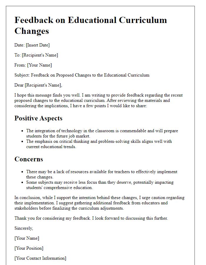 Letter template of feedback on educational curriculum changes