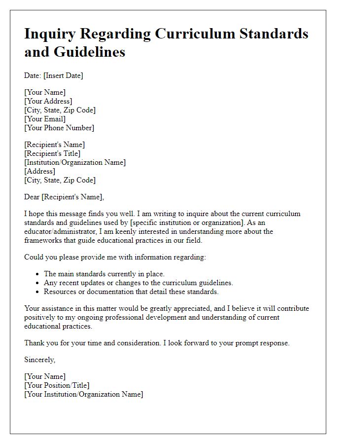 Letter template of inquiry regarding curriculum standards and guidelines