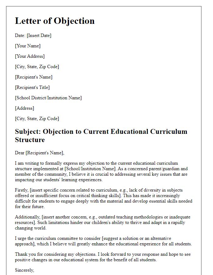 Letter template of objection to current educational curriculum structure