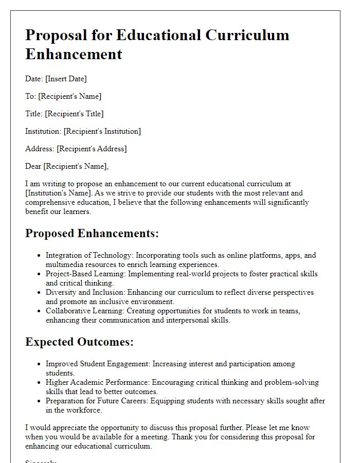 Letter template of proposal for educational curriculum enhancement