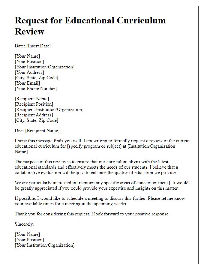 Letter template of request for educational curriculum review