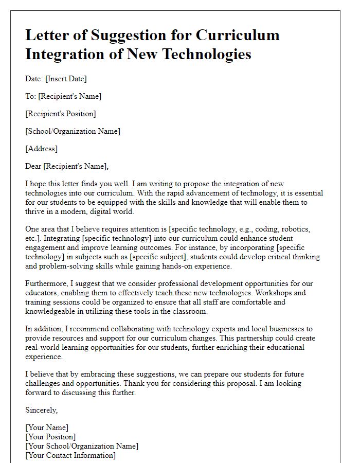 Letter template of suggestion for curriculum integration of new technologies