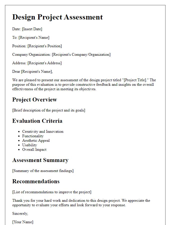 Letter template of design project assessment