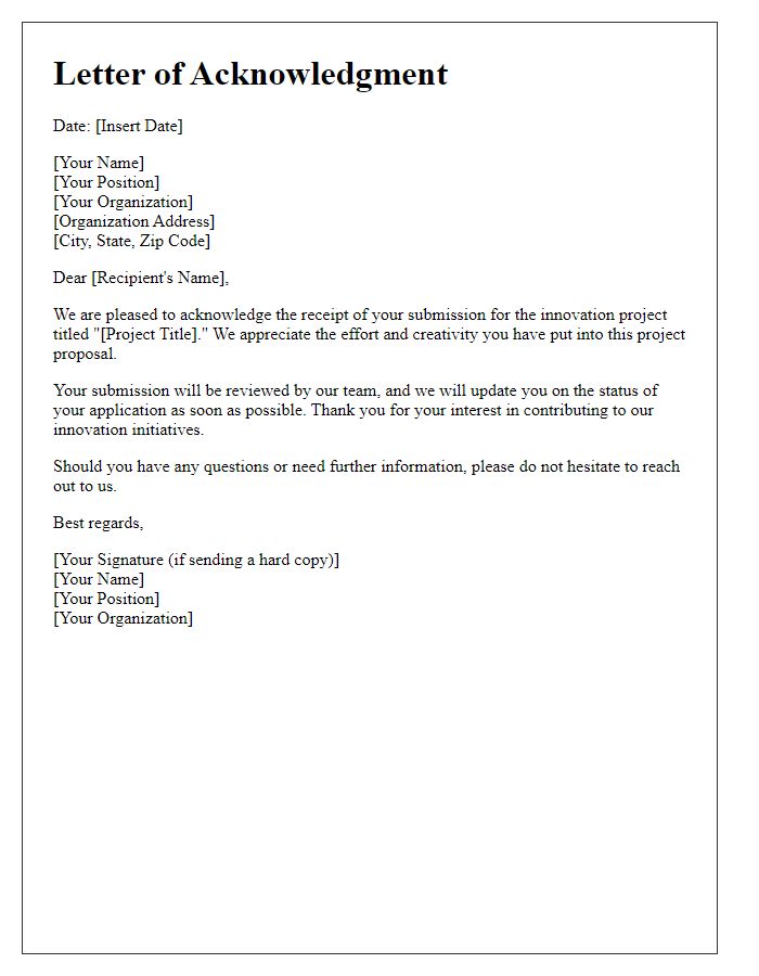 Letter template of acknowledgment for innovation project submission.