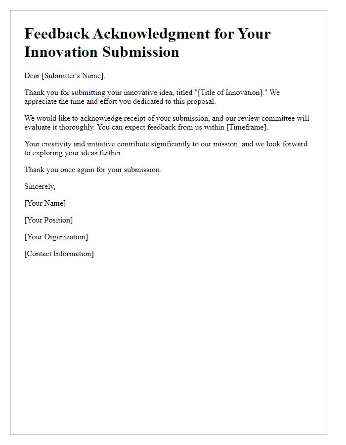 Letter template of feedback acknowledgment for innovation submission.