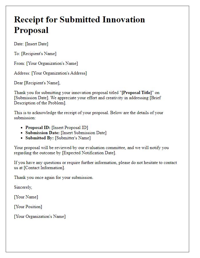 Letter template of receipt for submitted innovation proposal.